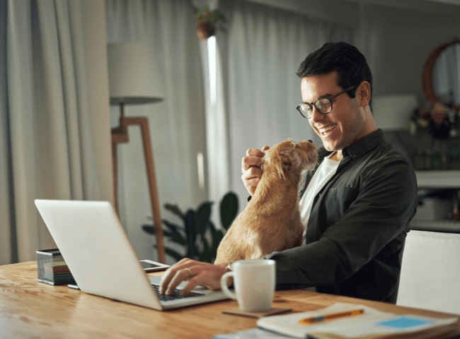 Cheerful man playing with dog while using laptop